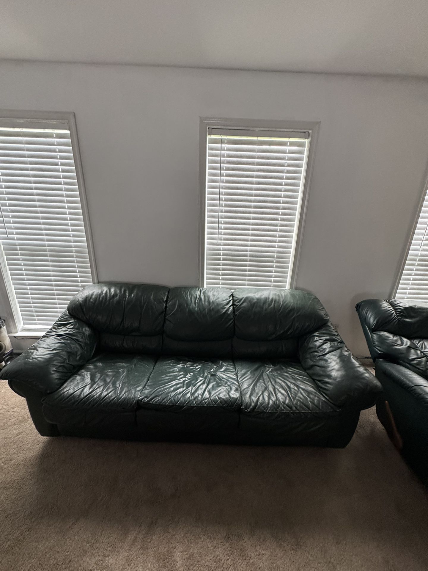 🌿 Green Natuzzi Italian Leather Sofa and Lazy Boy Recliner