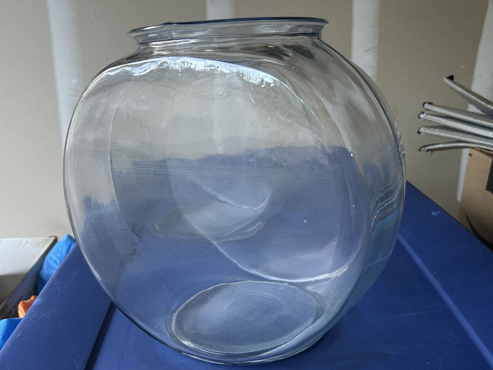 Pair of 2 glass drum style fish bowls 10.5H X 10.5W X 5.5D (2 gallon) $50 for both. 