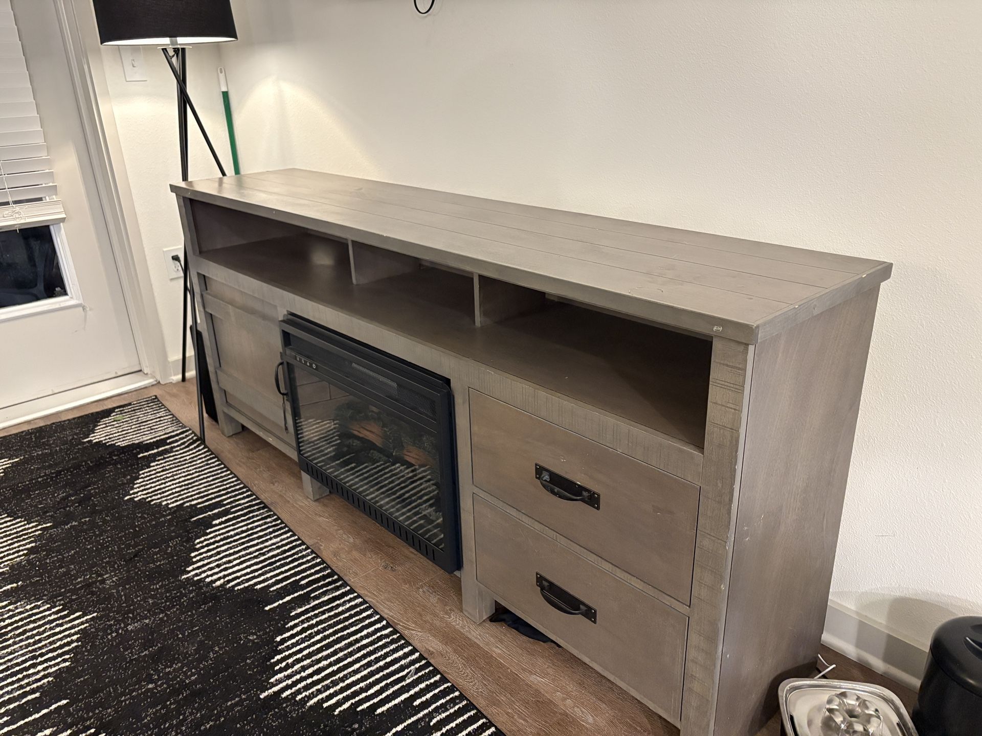 Rustic Wood Entertainment Console with Built-In Electric Fireplace + Remote