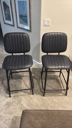 Set of 2 Dark Blue Leather Counter Stools
