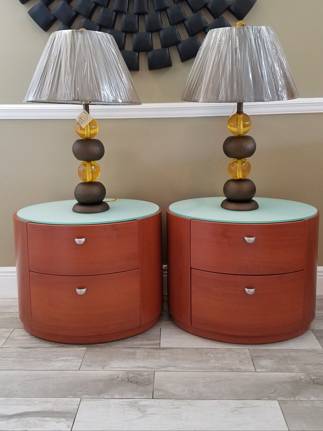 Brand new modern cherry wood oval 2 drawer nightstand / end tables with white glass top with new lamps H=19" d=19" w=24"