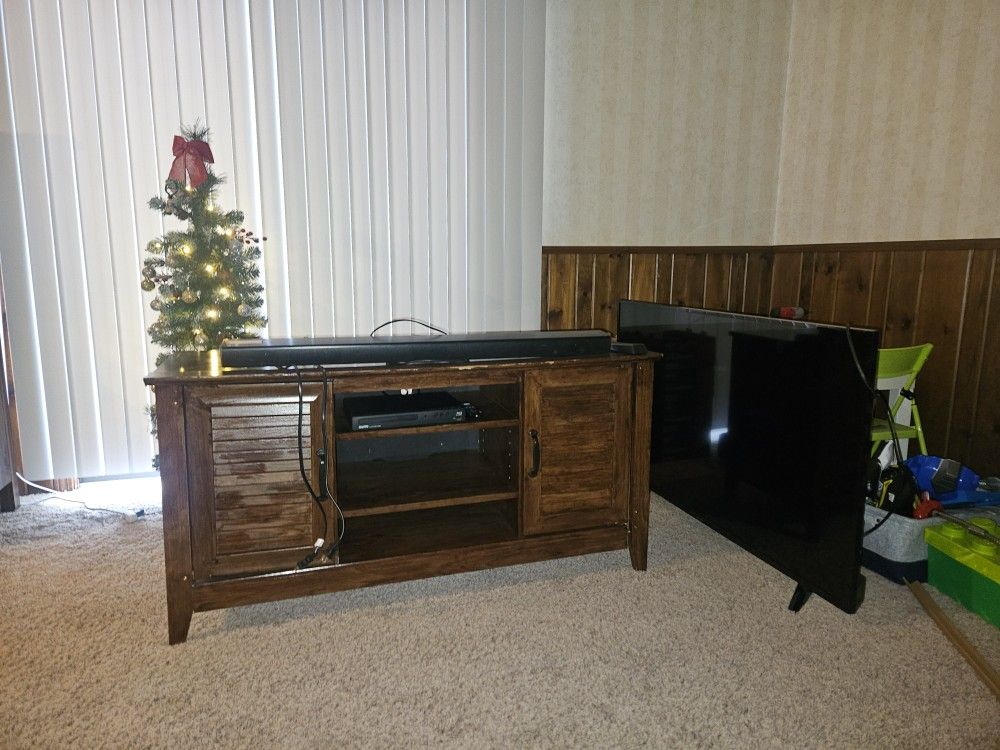 Tv Stand, Sanyo Tv 50, Sanyo Blue Ray Dvd Player With Wi-Fi, LG Sound Bar