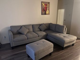 Gray Sectional Sofa with Ottoman + 4 person dining table