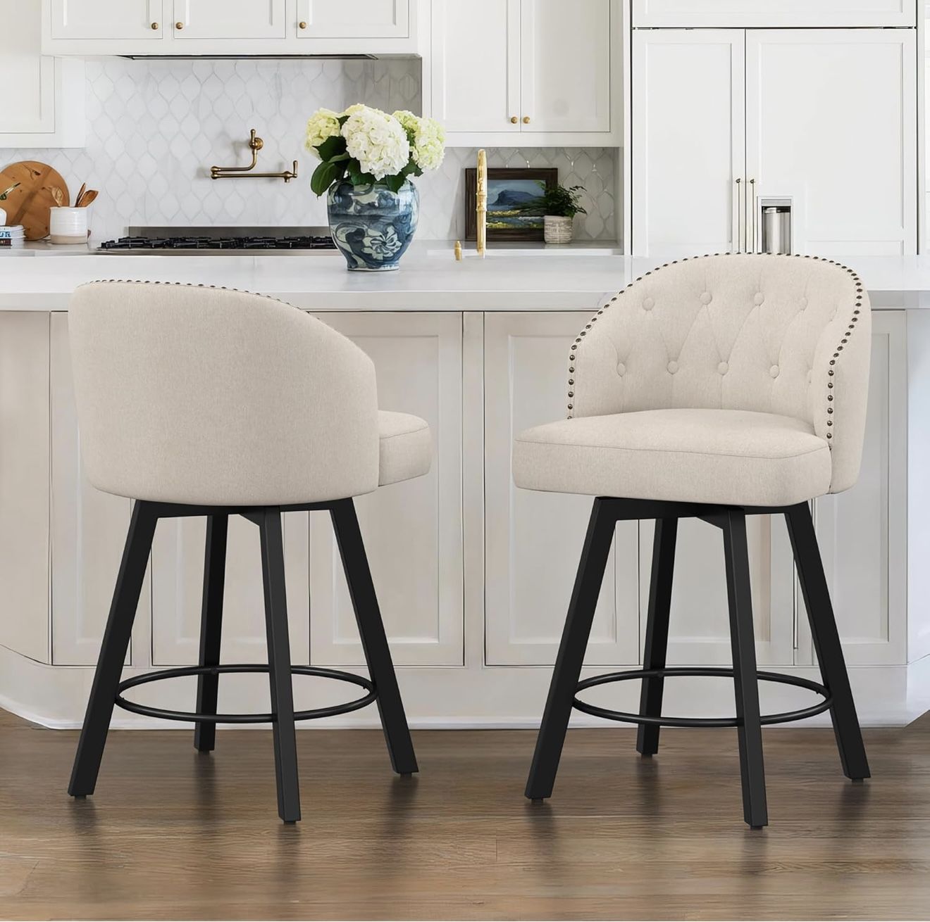 Retro Counter Stools for Kitchen Island, Dining Room, Pub, Linen. Linen. Set Of 2