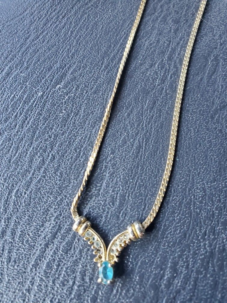 New Beautiful Gold Plated Necklace With Aqua Marine Stone 