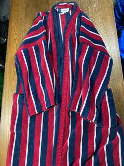 Vtg Jockey Terry Velour Bathrobe Mens One Size Striped Red Blue Cotton Belted
