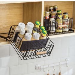 Brand new 2 Set Pull Down Cabinet Organizer, 20° Sloping Drop Down Spice Rack with 2 Adjustable Dividers, Heavy Duty Sliding Out Storage Basket for Pa