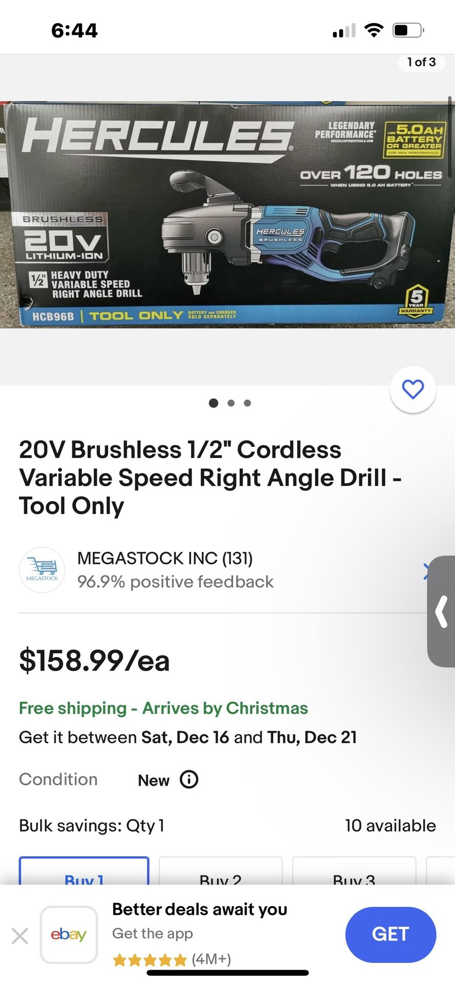 20V Brushless 1/2" Cordless Variable Speed Right Angle Drill - Tool Only