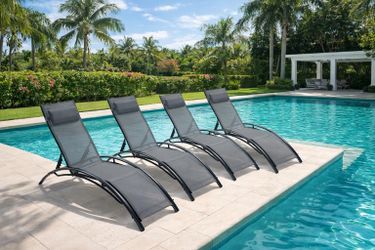 Set Of 4 - Gray Lounger Recliner Chairs with Gray Mesh and Aluminum Frame for Patio Lawn Beach Pool Side Sunbathing [NEW] **Assembly Req** 