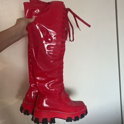 Knee High Cherry Red Rave Boots 