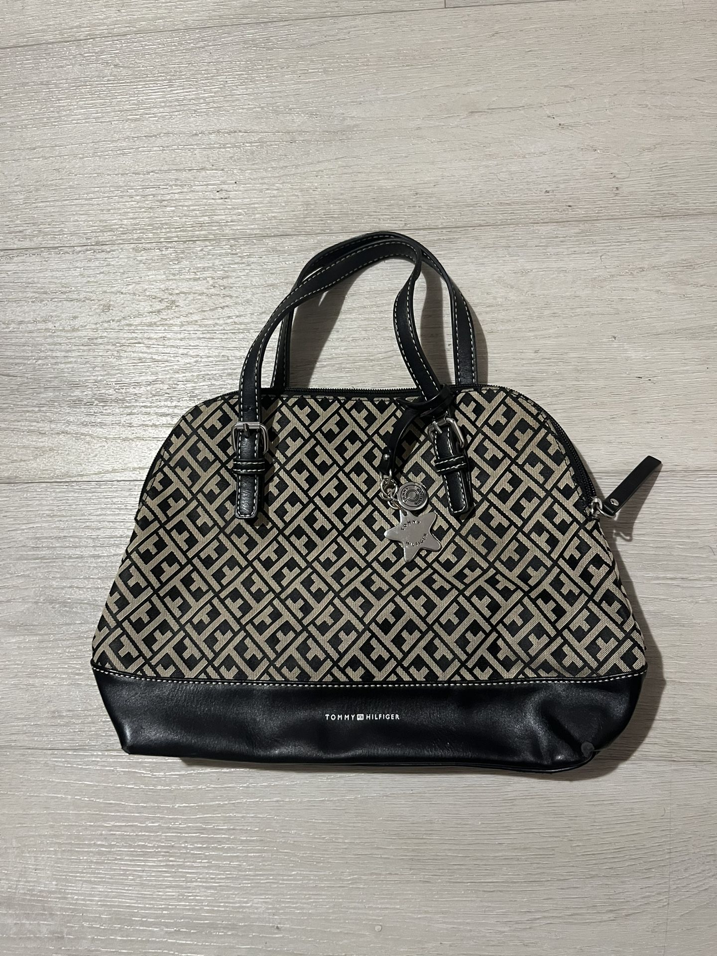 Tommy Hilfiger Monogram Dome Satchel Bag – Black & Beige TH Logo, Structured Purse