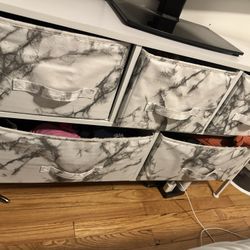 Narrow 5-Drawer Storage Tower + Marble Fabric Bins – White $65