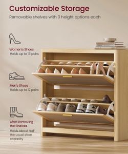 Boho Shoe Storage Cabinet for Entryway Slim, Entry Shoe Cabinet with Rattan-Look Flip Drawers, Rounded Corners, Narrow for Entrance, Oak Beige UHSC601