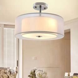 Open Box Depuley 15 in. 3-Light Industrial Semi Drum Flush Mount Light, Double Drum Pendant Light