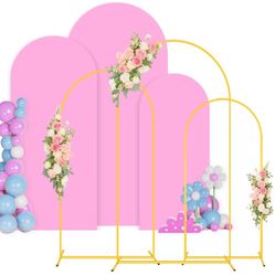 Wedding Arch Backdrop Stand With 3  Arch Covers  Pink 8FT, 7.2FT, 6.6FT Set of 3 Gold Metal Arch Backdrop