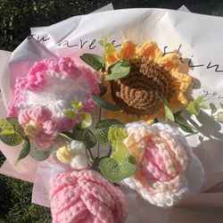 Crochet Flower Bouquet 💐 Handmade Pink & Yellow Gift