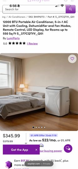 12000 BTU Portable Air Conditioner, 5-in-1 AC Unit with Cooling, Dehumidifier and Fan Modes, Remote Control, LED Display, for Rooms up to 550 Sq Ft S_
