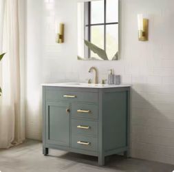 Trevor 36 in. W x 22 in. D Bath Vanity in Vintage Green with Quartz Top in Velluto White with White Sink
