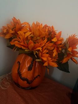 Halloween/Autumn Pumpkin Vase with Faux Sunflowers
