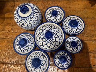 blue and white ceramic matching serving set
