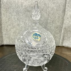 Vintage Lead Cut Glass Crystal Footed Bowl Candy Dish With Lid Etched Flowers
