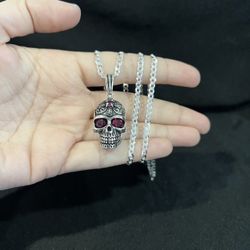 925 Sterling Silver Men's Gothic Biker Sugar Skull Pendant & Curb Chain