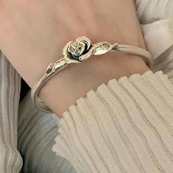 925 sterling silver women's lady's rose flower floral antique cuff bracelet Bangle Gift