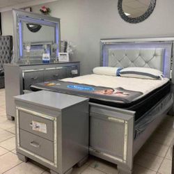 Lillian Silver LED Upholestered Bedroom Set.  Bed, Dresser, Mirror, Nightstand, Chest 