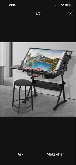 Drafting Table - 53" Crystal desktop with frame, 2 mesh drawers, with black stool