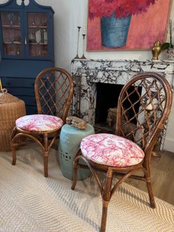 Vintage Rattan Accent Chairs (Pair) – Newly Upholstered Pink Tropical Fabric – $350