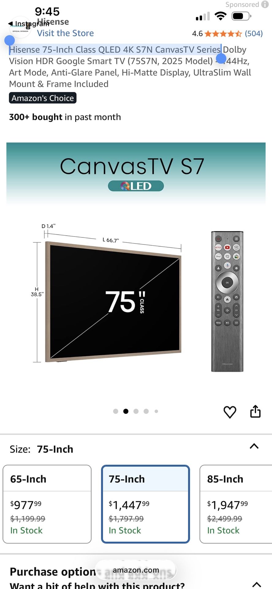 Hisense 75-inch Class Qled 4K S7N Canvas Tv