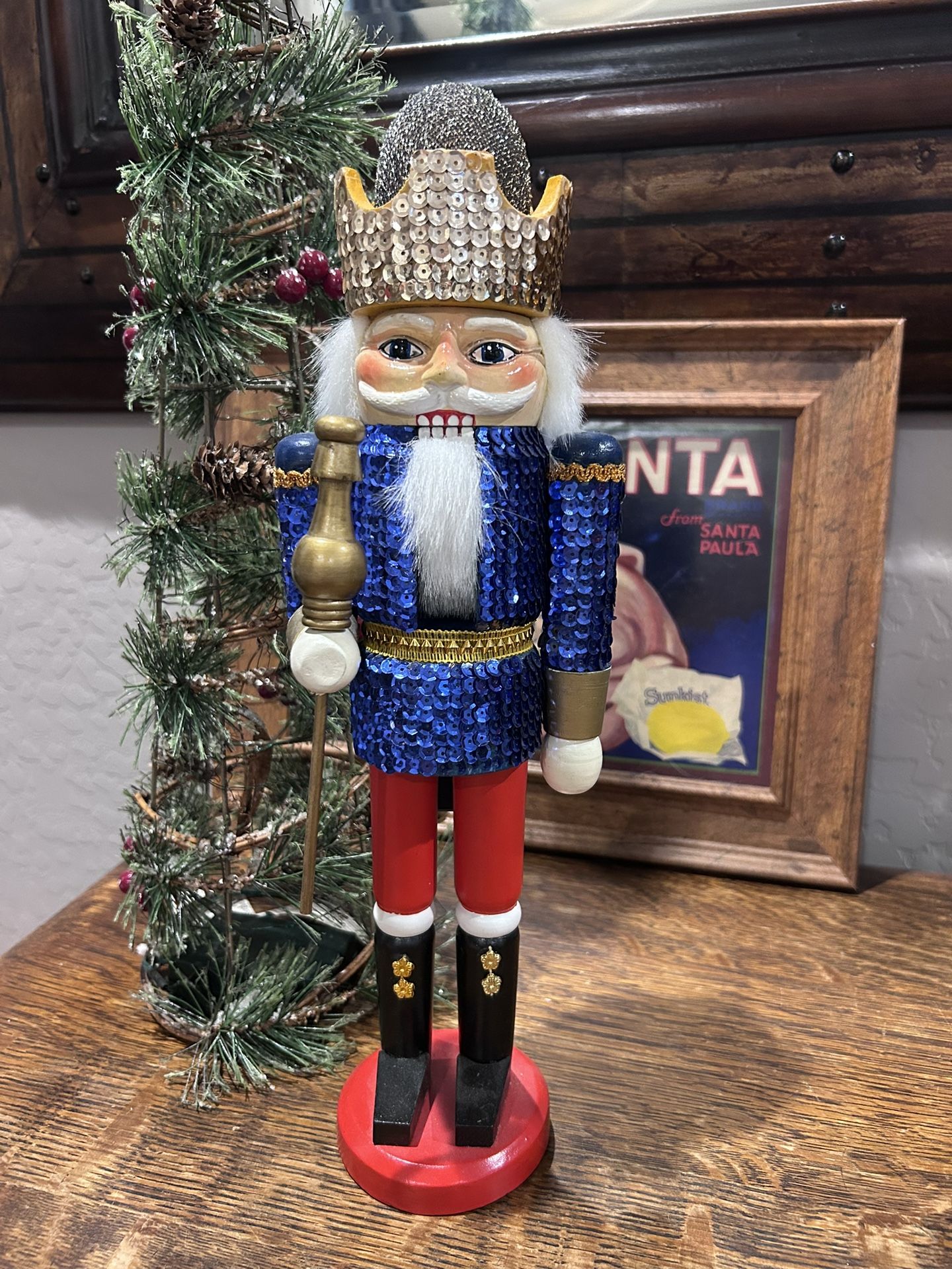 Nutcracker Figure Soldier Glitzy Blue Sequin Jacket With Sparkle Gold Details 15” Tall