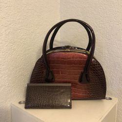 Maroon Vegan Leather Shiny Shoulder Hand Bag W Purse 