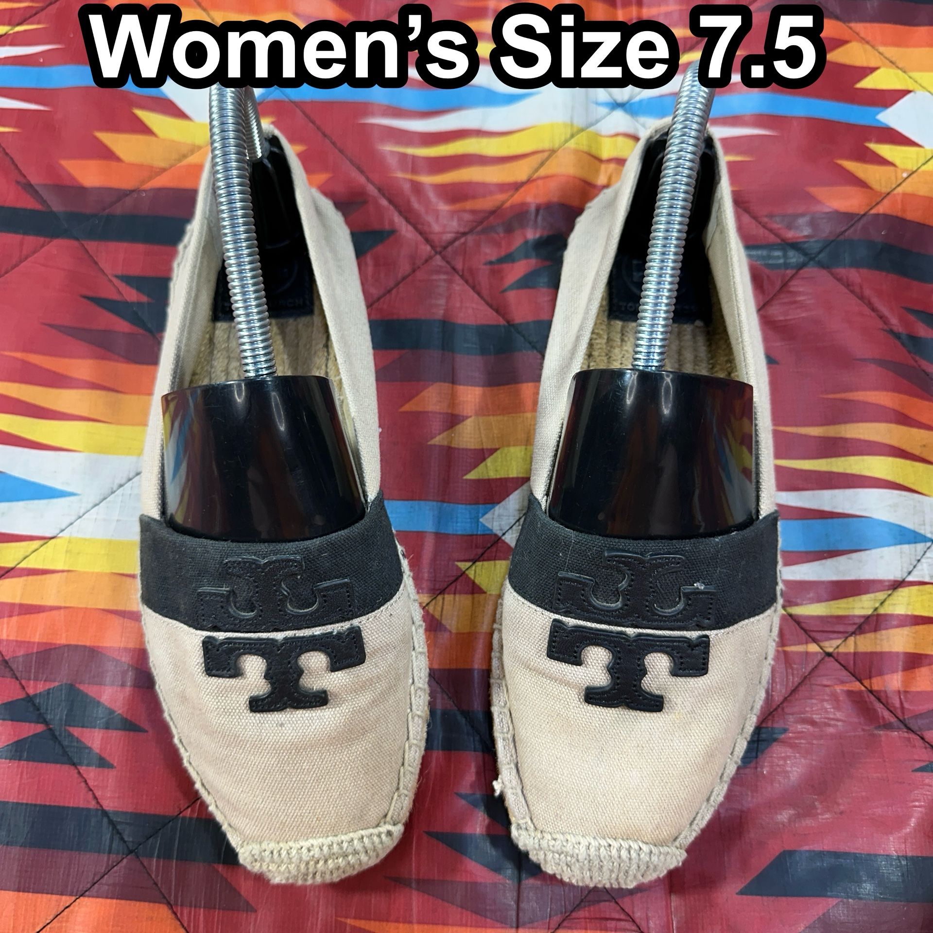 TORY BURCH Weston Flat Espadrille Womens Size 7.5 Beige Black Canvas Shoes 40034