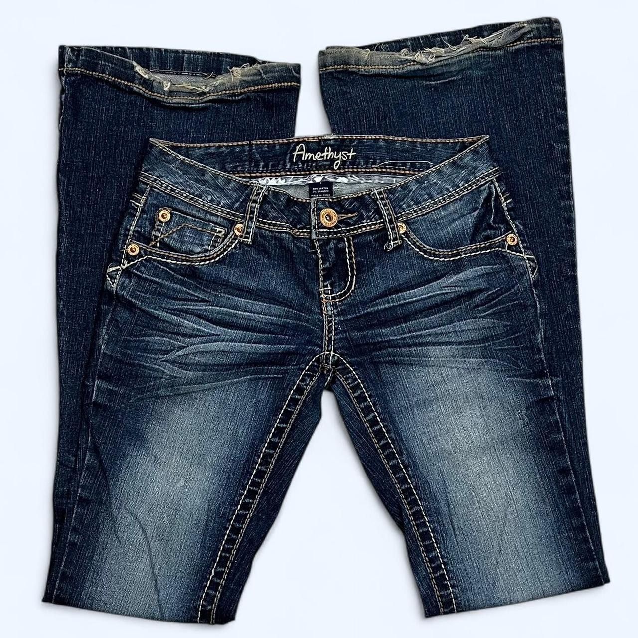 Amethyst Size 1 Dark Wash Bootcut Flared Low Rise Denim Blue Jeans Tan