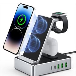 Charging Station for Multiple Devices Apple,Wireless Charger for iPhone 15/14/13/12 Series,Apple Watch Series,Airpods Pro,with 5 USB Ports Multi Charg