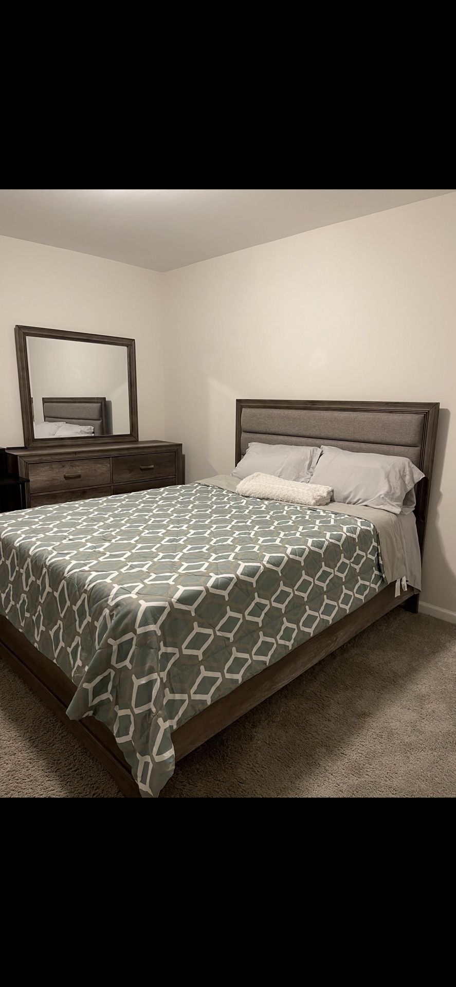Queen Bed Frame, Dresser With Mirror And Mattress