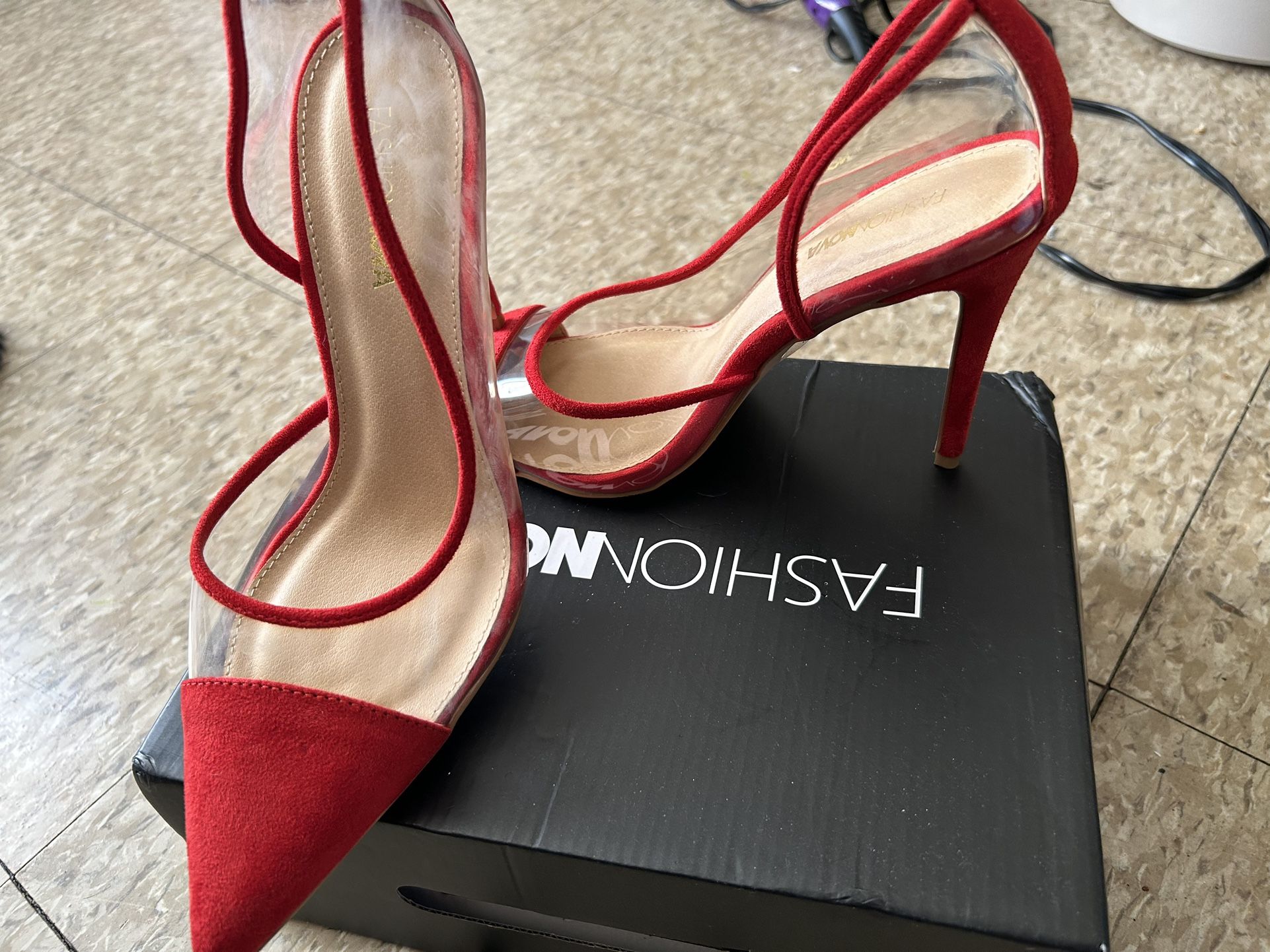 π Fashion Nova Red & Transparent Heels β Size 8 π