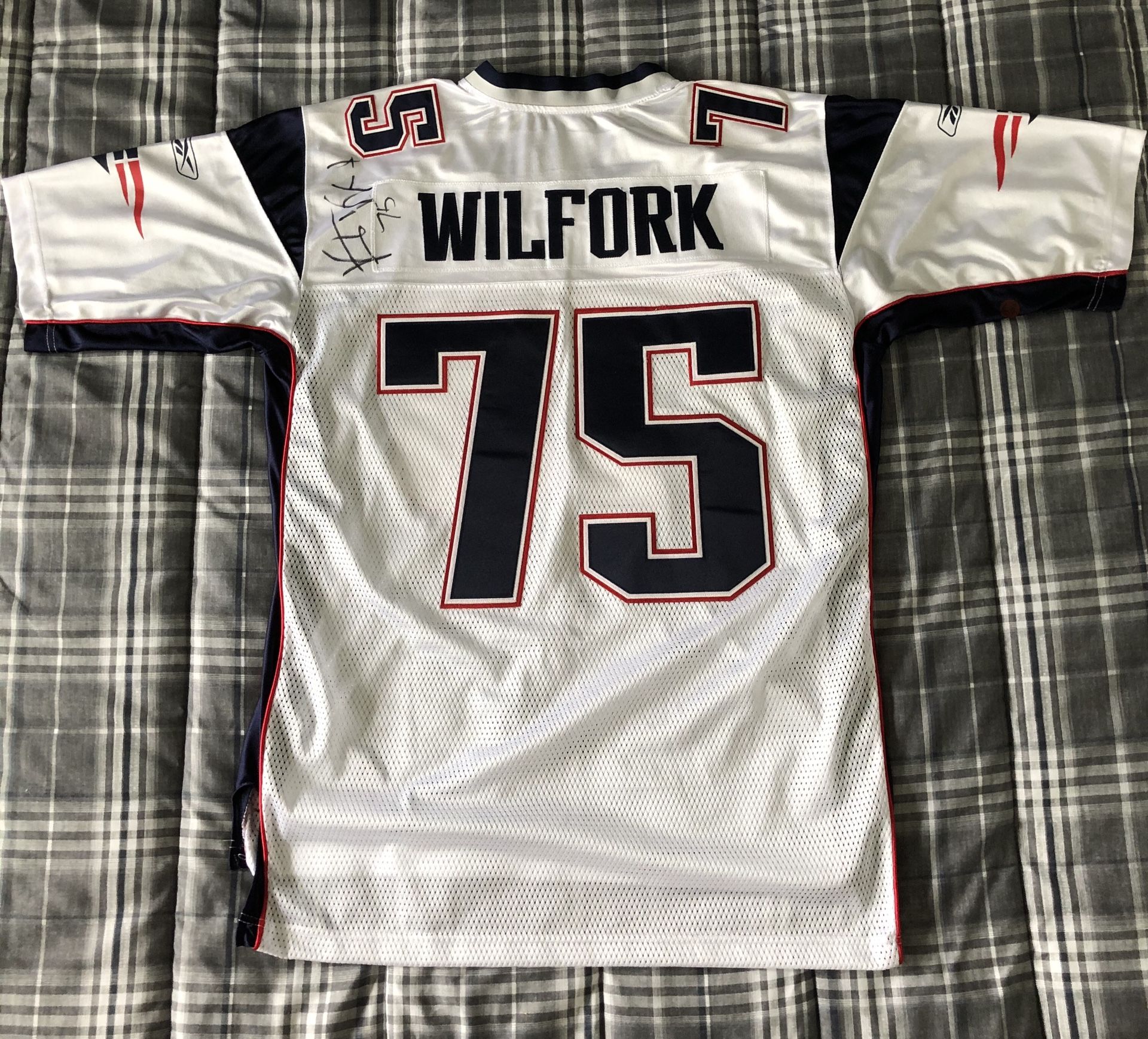 Vince Wilfork signed New England Patriots Jersey and 2 signed photos