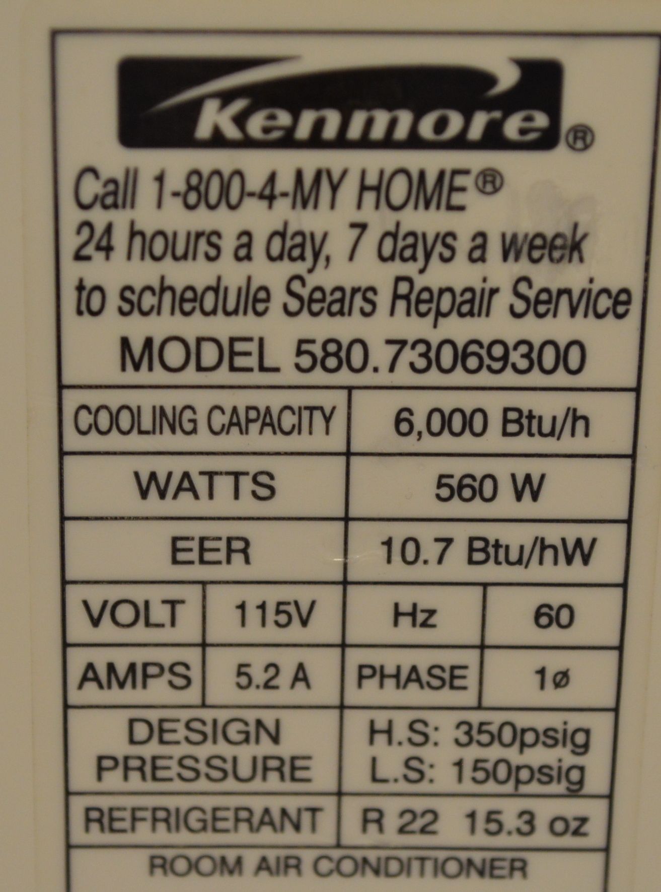 Kenmore Plasmaire (580.73069300) 6,000 BTU Window Mounted Air