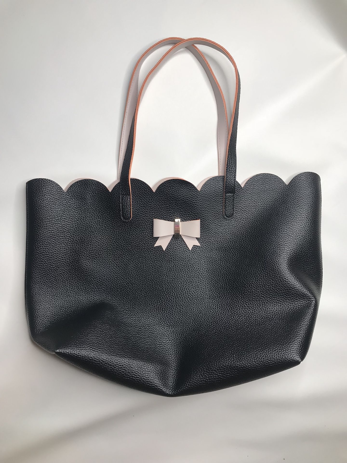 Black large tote bag with pink bow purse scallop edges