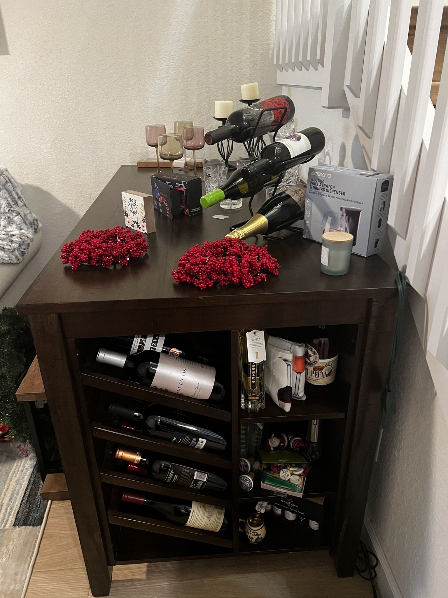 Counter height dining room table with wine rack