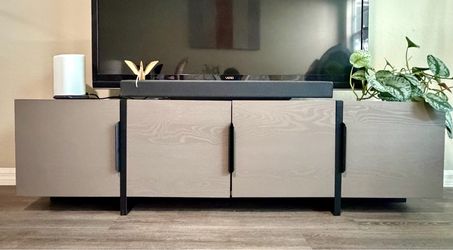 Modern Taupe Grey Wood Grain TV Stand with Black Metal Accents