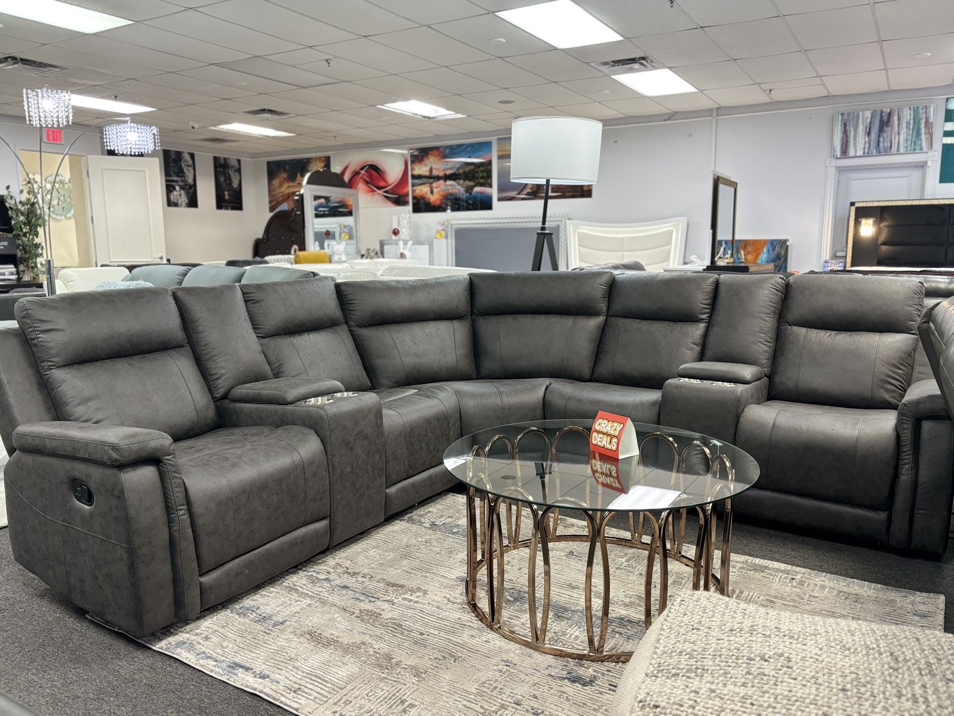 Dark Gray Microfiber Sectional Couch W/ Manual Recliners For Sale ( Furniture Labor Day Pre-sale Now)