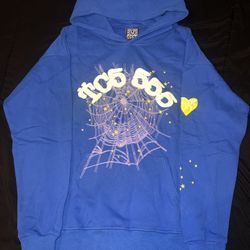 Sp5der Blue Graphic Print Spider Web Stars Hoodie Fleece Pullover M