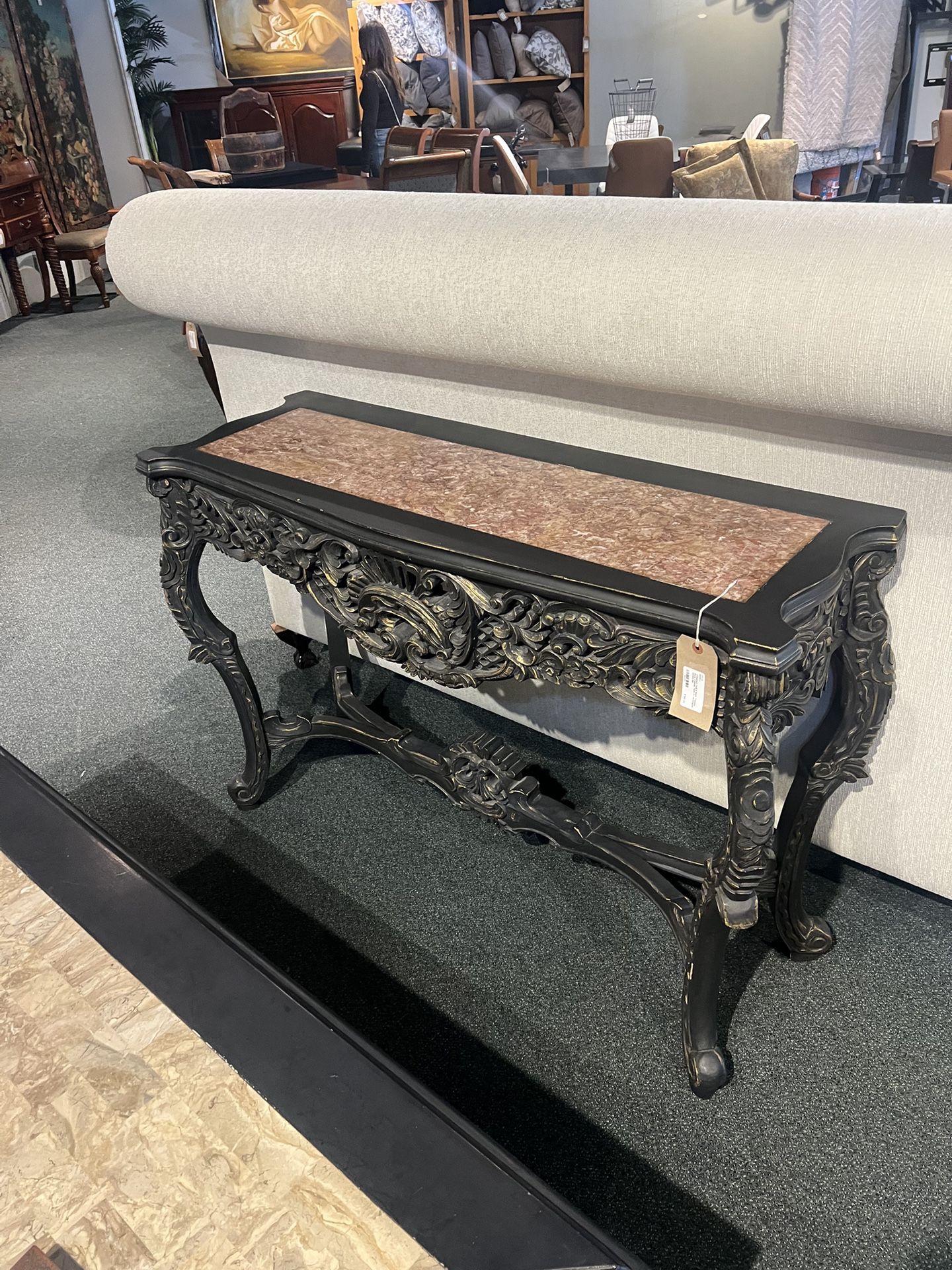Console Table - Black Tuscany Style W/ Rectangular Marble Top - SKU: QLJVRZ