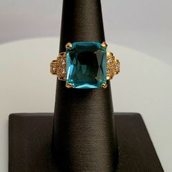 2Ct Emerald Simulated London Blue Topaz 14K Gold Plated Ring - Size 7