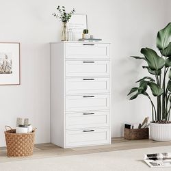 Tall Dresser, Dresser for Bedroom with 6 Drawers, Trapezoidal Design Chest of Drawers, Storage Organizer Unit for Bedroom, Living Room, Hallway, White