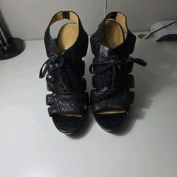 Women Size 7.5 Coach Moreen High Heels Black Lace Up Slingback Peep Toe Leather