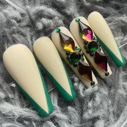 long coffin press on nails rhinestones, French tips